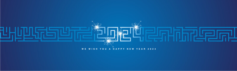 Happy New Year 2024 eve sparkle firework cyberspace abstract high technology modern 2024 typography with continuous labirinth mystic pattern on blue background