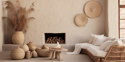 AI Generated. AI Generative. Cozy home wooden minimal decoration in Cyprus Tropical classic style. Graphic Art