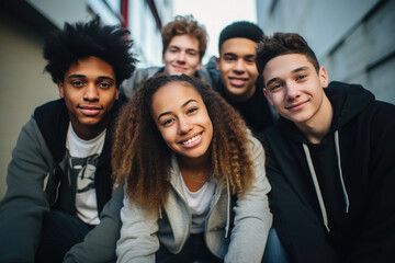 Fototapeta premium Group of five smiling teenagers, one girl and four boys, in high school