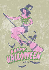 Witch flying on a broom with a black cat. Happy Halloween text surrounded by bats. Aged and battered texture
