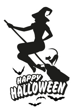 Silhouette of witch flying on a broom with a black cat. Happy Halloween text surrounded by bats isolated on white background