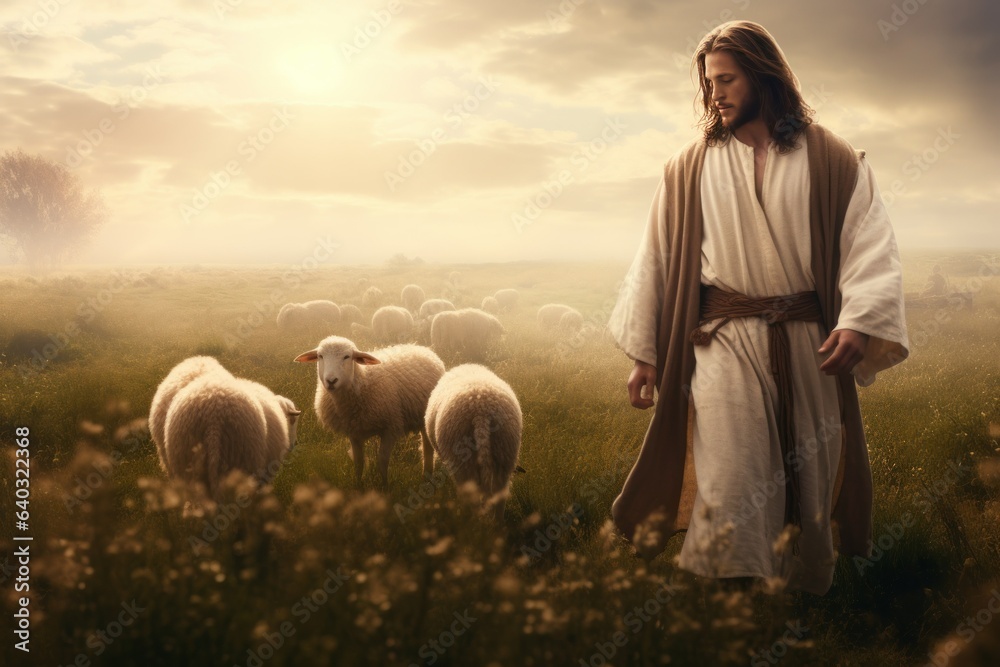 Wall mural the good shepherd: jesus' presence amongst sheep in a meadow scene