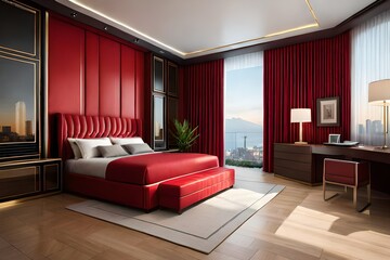 luxury red bedroom with headrest of the bed generated by AI tool