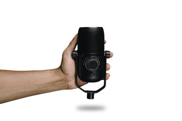 Man hand holding condenser mic on white background
