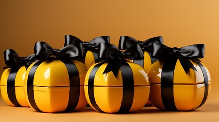 Gift wrap. Black and yellow box with a bow on a plain background. Concept: Festive atmosphere present for the holidays