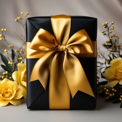 Gift wrap. Black and yellow box with a bow on a plain background. Concept: Festive atmosphere present for the holidays
