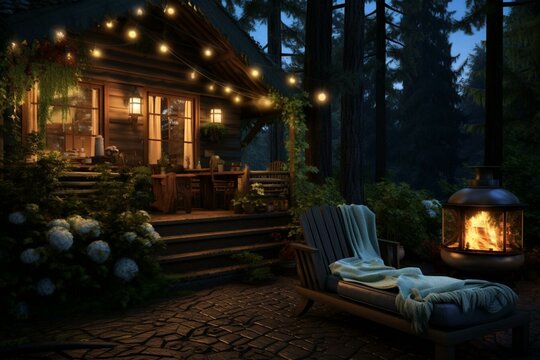 Wooden secluded house in the forest decorated with street bright garlands and light bulbs. Romantic atmosphere, cozy autumn evening. AI generated illustration.
