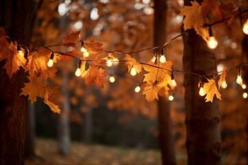 Decor elements of an autumn tree with yellowed leaves. Romantic atmosphere, cozy autumn evening. AI generation.
