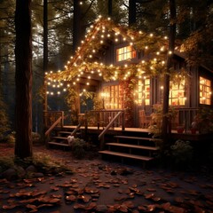 Fototapeta na wymiar Wooden secluded house in the forest decorated with street bright garlands and light bulbs. Romantic atmosphere, cozy autumn evening. AI generated illustration. 