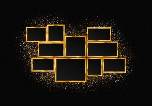 Golden frame for photos and pictures, photo collage, photo puzzle. Luxury golden photo collage with sparkle particles. Shiny comics page grid layout.