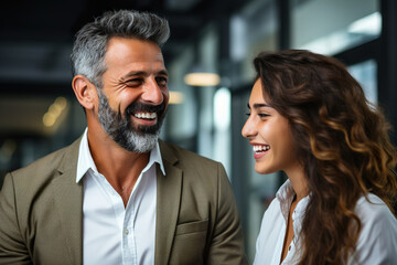 Young business woman and middle-aged businessman, smiling