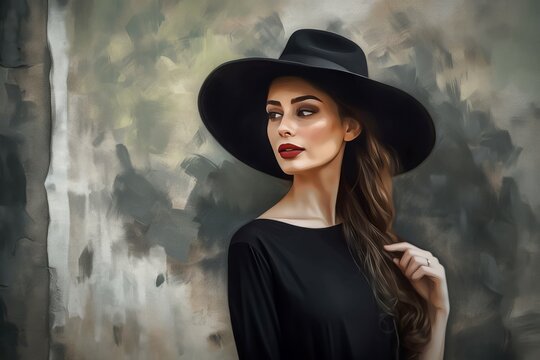 Woman black hat portrait. Generate ai