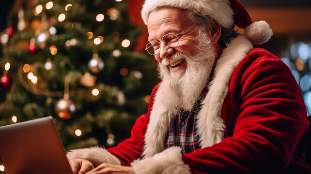 Cheerful Santa Claus using laptop while sitting at table in cafe