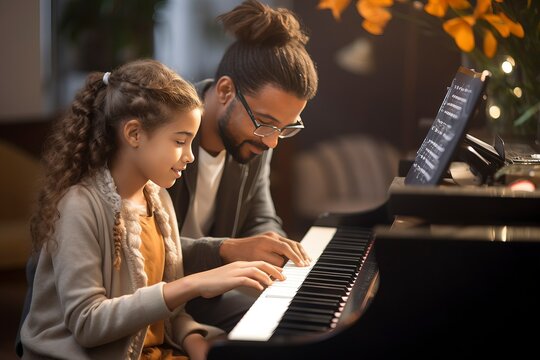 A young girl taking a piano lesson, passionately playing the keys. Musical education and talent development in progress. 'generative AI'