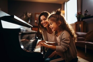 A young girl taking a piano lesson, passionately playing the keys. Musical education and talent development in progress. 'generative AI'