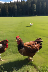 Fototapeta premium Chickens Roaming Free in the Village Grass