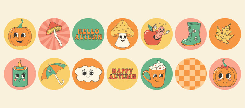 Groovy autumn fall sticker collection with autumn elements. Cartoon characters in trendy retro style, comic mascot characters.
