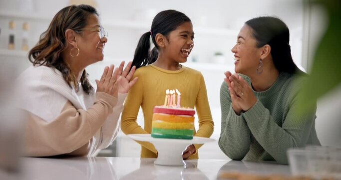 Party, family singing happy birthday to a girl and a senior woman with her daughter in the kitchen of a home. Cake, applause or celebration with a grandmother, mother and child clapping in excitement
