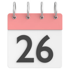 3D calendar. Day 26. Twenty-sixth day of the month. 3D illustration.