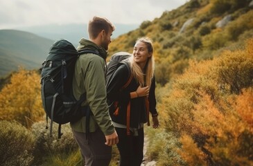 Obraz premium Couple backpack hiking. Generate Ai