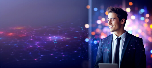 Young smiling businessman. Business technology concept, Professional business man standing on future network city. Banner for design. AI generated