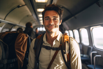 Traveler Man with backpack standing inside plane or train and smiling. Lifestyle Travel happy emotions success concept summer vacations. AI generated