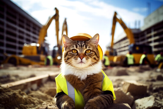 Cat builder concept. Funny cat is wearing a suit of builder. Craftsman on the construction building background. AI generated.