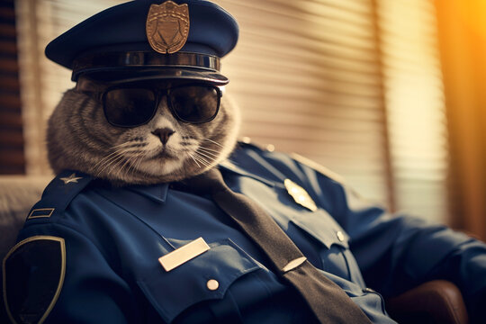 Cat policemen or cop. Police officer. Cute kitten dressed as police officer in department. AI generated.