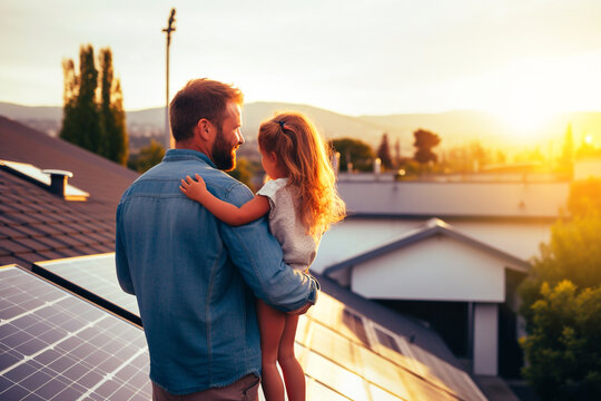 ather holding his little girl in his arms, proudly showing their house adorned with solar panels. Emphasizing alternative energy, resource conservation, and sustainable living. AI generated
