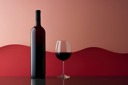 Bottle of red wine. Bottle of red wine and wineglass on red background. Red wave wine concept background. Copy space for your text, generative ai