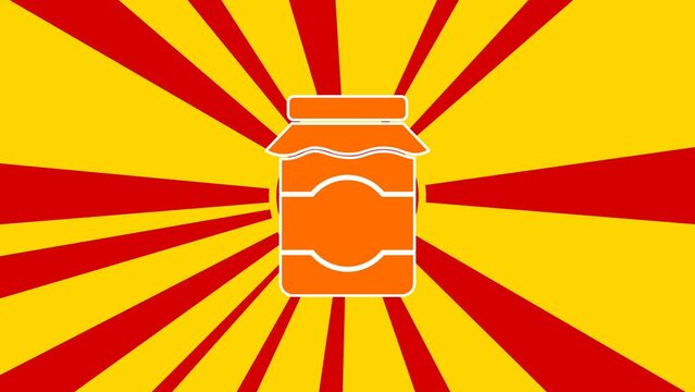 Jar of jam symbol on the background of animation from moving rays of the sun. Large orange symbol increases slightly. Seamless looped 4k animation on yellow background