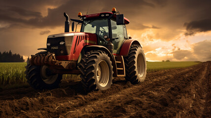 Agricultural landscape panoramic view, tractor field, harvest