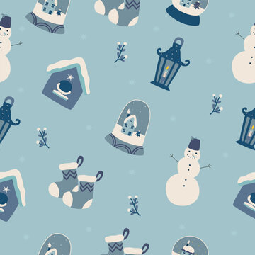 winter pattern with Christmas attributes in blue tones