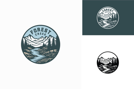 Mountain Peak with Lake Forest, Pine Evergreen Larch Tree with River Creek Landscape Outdoor Silhouette Label Logo Design