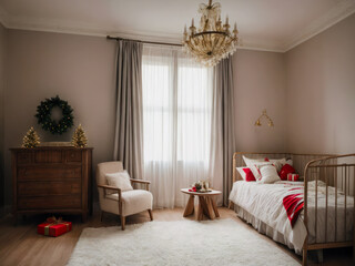 Wide-shot photo of a cozy baby's  room with a lot of Christmas decoration. Interior design.