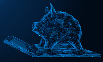 Piggy bank is on the calculator. Low-poly design of interconnected lines and dots. Blue background.
