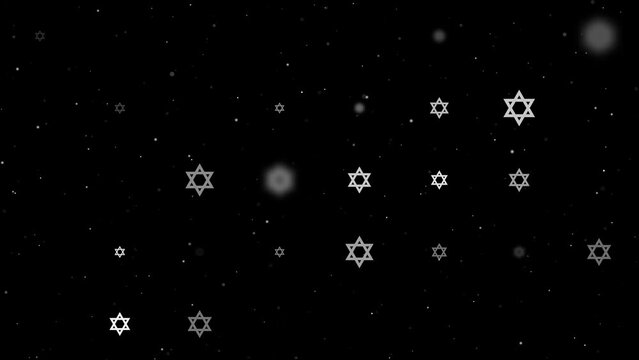 Template animation of evenly spaced star of David symbols of different sizes and opacity. Animation of transparency and size. Seamless looped 4k animation on black background with stars