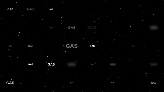 Template animation of evenly spaced gas text symbols of different sizes and opacity. Animation of transparency and size. Seamless looped 4k animation on black background with stars