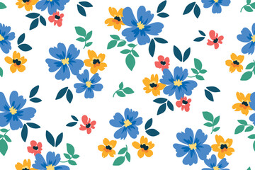 Seamless floral pattern, liberty ditsy print with drawing plants in folk style. Cute botanical design: hand drawn small colorful flowers, tiny leaves, simple bouquets on a white background. Vector.