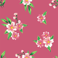 Seamless floral pattern, vintage ditsy print with small painted bouquets. Romantic old style botanical design: hand drawn flowers buds, tiny leaves on purple-red background. Vector illustration.