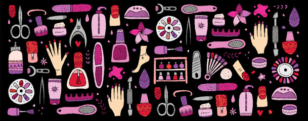 Manicure and pedicure collection. Icons set. Horizontal background for your design
