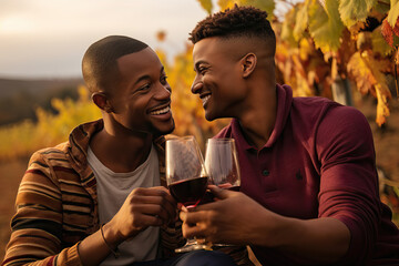 black gay couple tasting wine in a grapevine, ai generated
