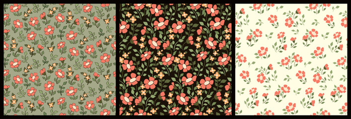 Seamless floral pattern, liberty ditsy print with cute small plants in the set. Pretty botanical design with a retro motif: simple hand drawn flowers, small leaves, different background. Vector.
