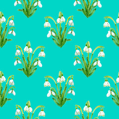 Seamless pattern of watercolor snowdrops flowers. Hand drawn illustration. Botanical hand painted floral elements on turquoise background. Spring flower drawing.