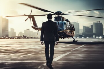 Businessman in suit walking with a helicopter on the background of the city, Businessman rear view private helicopter transport, AI Generated