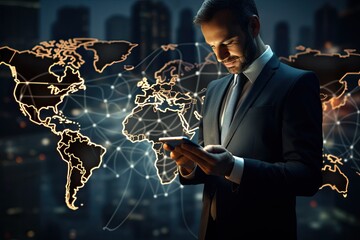 business, people and technology concept - businessman with smartphone over world map background, Businessman working with mobile phone and world map on virtual screen, AI Generated