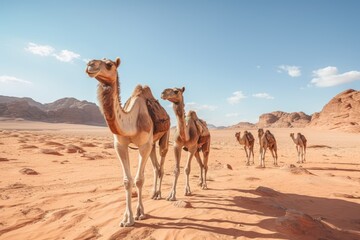 Camels in the Sahara desert, Morocco, Africa. Selective focus, Camels in Wadi Rum desert, Jordan in a summer day, AI Generated