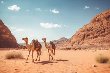 Camels in Wadi Rum desert, Jordan. Vintage style. Camels in Wadi Rum desert, Jordan in a summer day, AI Generated - Powered by Adobe