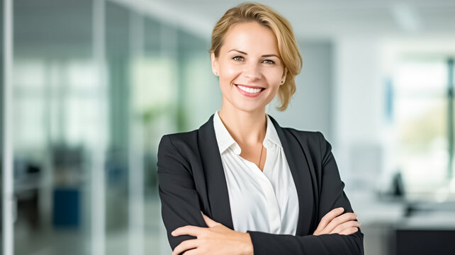 Smart, intelligent, friendly, likable portrait of an executive business woman manager with arms crossed, advisor, agent at office space, possibly real estate, lawyer, non-profit, marketing. 
