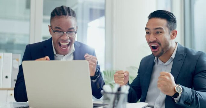 Laptop, high five and celebration with business men cheering in the boardroom of their corporate workplace. Wow, motivation and support with an employee team excited about marketing or design